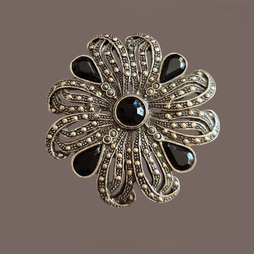 1928 Inspired Silver Tone Marcasite and Black Acrylic Brooch